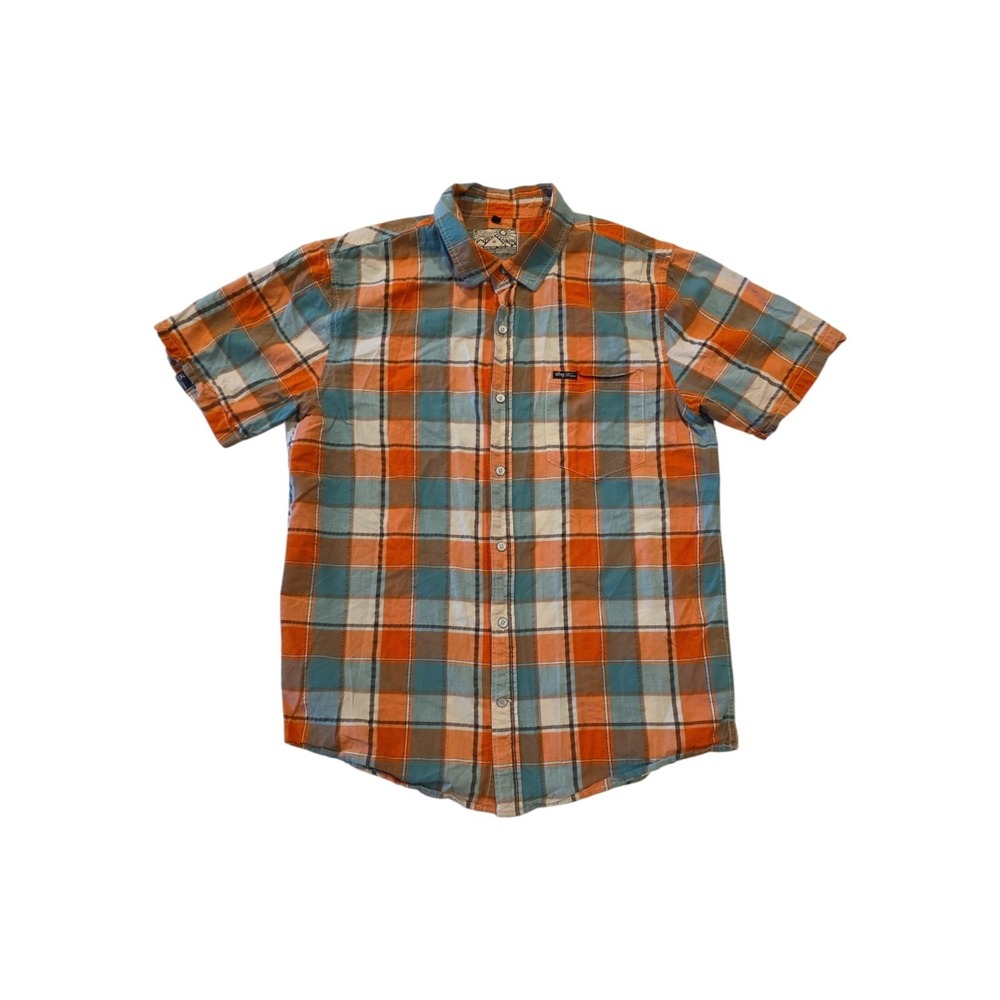LRG Plaid Shirt Mens Large Orange Blue Short Sleeve Button Up Skate